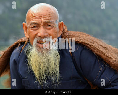 Old, bald-headed Chinese cormorant fisherman with long Chinese beard poses for the camera. Stock Photo