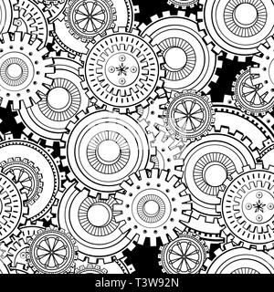 Cogwheels seamless pattern. Cogs and gears steampunk texture. Mechanism black and white ink pen drawing. Coloring book abstract illustration. Textile, wrapping paper, background monochrome vector fill Stock Vector