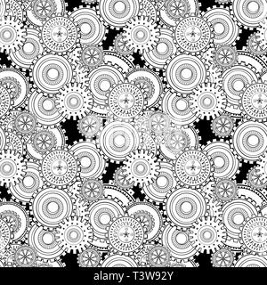 Cogwheels seamless pattern. Cogs and gears steampunk texture. Mechanism black and white ink pen drawing. Coloring book abstract illustration. Textile, wrapping paper, background monochrome vector fill Stock Vector