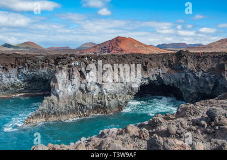 The rugged and colourful coastline at Los Hervideros on the island of Lanzarote in the Canary Islands
