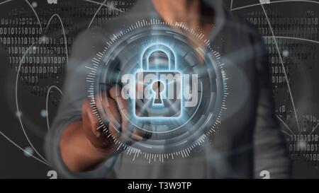 04 Cyber security internet and networking concept. Businessman using digital screen padlock on server room background. Stock Photo