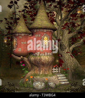Fairytale elf palace in the misty forest Stock Photo