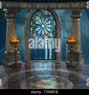 Fantasy palace interior with stone columns and shiny marble floor Stock Photo