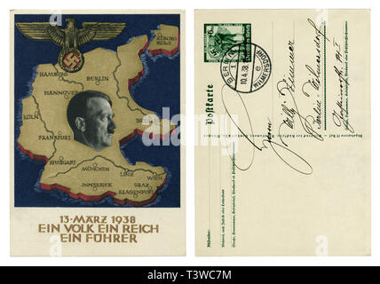 German historical postcard: A plebiscite on the question of the annexation of Austria, 1938, back side, handwriting with curls, Germany, Third Reich Stock Photo
