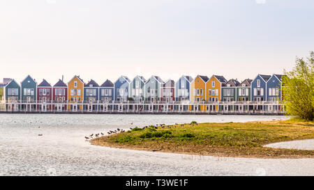 Colorful wooden rainbow houses modern architecture on Rietplas lake ...