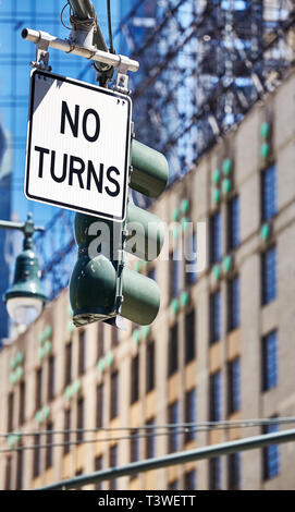 No turns traffic sign on a street of New York, selective focus. Stock Photo