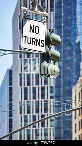 No turns traffic sign on a street of New York, selective focus. Stock Photo