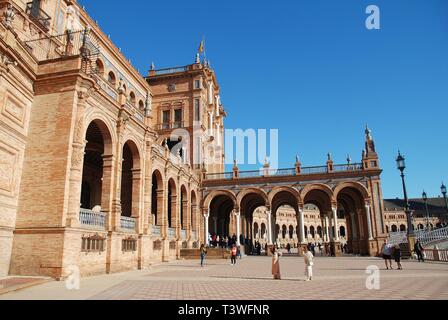 The historic Plaza de Espana in Seville, Spain on April 3, 2019. It was built for the 1929 Ibero-American Exposition. Stock Photo