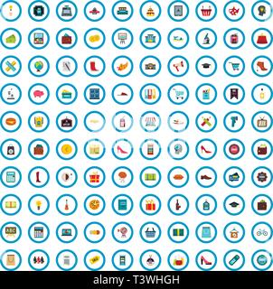 100 shoppingspree school icons set, flat style Stock Vector