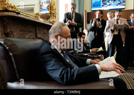 Washington, DC, USA. 11th Apr, 2019. Senate Minority Leader Sen. CHUCK SCHUMER (D-NY) addresses members of the media during press conference at the U.S. Capitol. Credit: Michael A. McCoy/ZUMA Wire/Alamy Live News Stock Photo