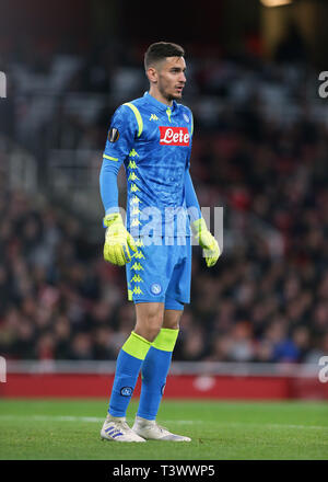 Emirates Stadium, London, UK. 11th Apr, 2019. UEFA Europa League football, quarter final, 1st leg, Arsenal versus Napoli; Goalkeeper Alex Meret of Napoli Credit: Action Plus Sports/Alamy Live News Stock Photo