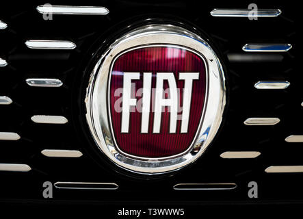 Kiev, Ukraine. 11th Apr, 2019. Italian automobile manufacturer Fiat close-up logo seen in Kiev. Credit: Igor Golovniov/SOPA Images/ZUMA Wire/Alamy Live News Stock Photo
