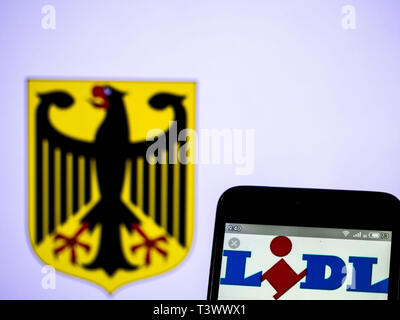 Kiev, Ukraine. 11th Apr, 2019. In this photo illustration a Lidl logo seen displayed on a smart phone. Credit: Igor Golovniov/SOPA Images/ZUMA Wire/Alamy Live News Stock Photo