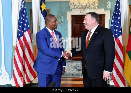 Washington DC, USA. 11th Apr 2019. U.S. Secretary of State Mike Pompeo, right, welcomes Central African Republic President Faustin Archange Touadera at the State Department April 11, 2019 in Washington, D.C. Credit: Planetpix/Alamy Live News Stock Photo