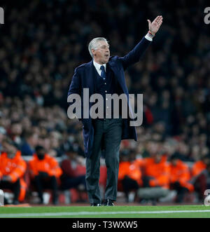 London, UK. 11th Apr, 2019. Napoli's manager Carlo Ancelotti is seen during the UEFA Europa League Quarter Final First Leg match between Arsenal and Napoli at The Emirates Stadium in London, Britain on April 11, 2019. Arsenal won 2-0. Credit: Matthew Impey/Xinhua/Alamy Live News Stock Photo