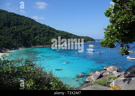 Similan, Thailand. 08th Mar, 2019. Speedboats lie in the crystal clear waters of the 'Ao Kuerk' bay on the island of Ko Similan. Ko Similan is the name-giving island of a total of nine islands in the Andaman Sea. The uninhabited islands together with two other islands form the Mu Ko Similan National Park. Credit: Alexandra Schuler/dpa/Alamy Live News Stock Photo