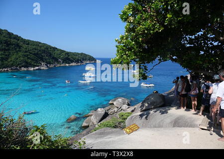 Similan, Thailand. 08th Mar, 2019. Speedboats lie in the crystal clear waters of the 'Ao Kuerk' bay on the island of Ko Similan. Ko Similan is the name-giving island of a total of nine islands in the Andaman Sea. The uninhabited islands together with two other islands form the Mu Ko Similan National Park. Credit: Alexandra Schuler/dpa/Alamy Live News Stock Photo