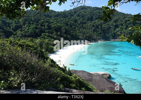 Similan, Thailand. 08th Mar, 2019. Speedboats lie in the crystal clear waters of the 'Ao Kuerk' bay on the island of Ko Similan. Ko Similan is the name-giving island of a total of nine islands in the Andaman Sea. The uninhabited islands together with two other islands form the Mu Ko Similan National Park. Credit: Alexandra Schuler/dpa/Alamy Live News Stock Photo