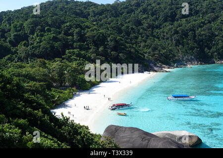 Similan, Thailand. 08th Mar, 2019. Speedboats lie in the crystal clear waters of the 'Ao Kuerk' bay on the island of Ko Similan. Ko Similan is the name-giving island of a total of nine islands in the Andaman Sea. The uninhabited islands together with two other islands form the Mu Ko Similan National Park. Credit: Alexandra Schuler/dpa/Alamy Live News Stock Photo