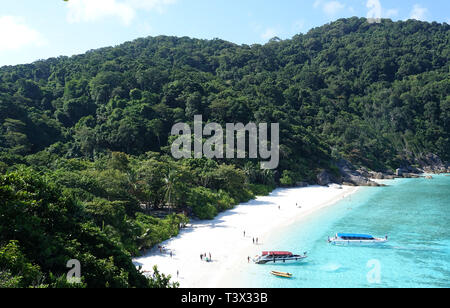 Similan, Thailand. 08th Mar, 2019. Speedboats lie in the crystal clear waters of the 'Ao Kuerk' bay on the island of Ko Similan. Ko Similan is the name-giving island of a total of nine islands in the Andaman Sea. The uninhabited islands together with two other islands form the Mu Ko Similan National Park. Credit: Alexandra Schuler/dpa/Alamy Live News Stock Photo