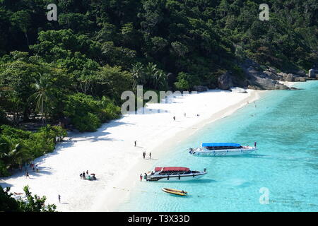 Similan, Thailand. 08th Mar, 2019. Speedboats lie in the crystal clear waters of the 'Ao Kuerk' bay on the island of Ko Similan. Ko Similan is the name-giving island of a total of nine islands in the Andaman Sea. The uninhabited islands together with two other islands form the Mu Ko Similan National Park. Credit: Alexandra Schuler/dpa/Alamy Live News Stock Photo