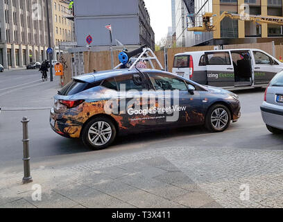 Berlin, Germany. 08th Apr, 2019. A Google Street View vehicle with its special camera folded down is standing on a street corner. Credit: Alexandra Schuler/dpa/Alamy Live News Stock Photo