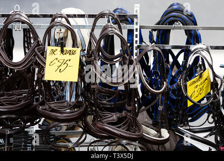 Neumünster, Germany. 12th Apr 2019. Snaffles hang on the 'North Horse' at a stall. Schleswig-Holstein's largest horse fair 'Nordpferd' was opened on 12 April and runs until 14 April. Photo: Frank Molter/dpa Credit: dpa picture alliance/Alamy Live News Stock Photo