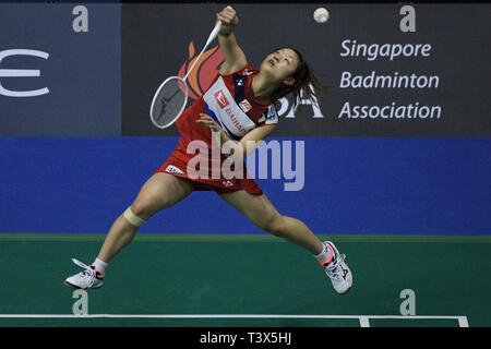 Singapore. 12th Apr, 2019. Nozomi Okuhara of Japan competes during the women's singles quarterfinal match against Saina Nehwal of India at Singapore Badminton Open in Singapore on April 12, 2019. Credit: Then Chih Wey/Xinhua/Alamy Live News Stock Photo
