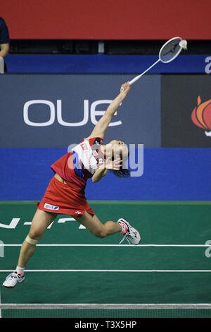 Singapore. 12th Apr, 2019. Nozomi Okuhara of Japan competes during the women's singles quarterfinal match against Saina Nehwal of India at Singapore Badminton Open in Singapore on April 12, 2019. Credit: Then Chih Wey/Xinhua/Alamy Live News Stock Photo