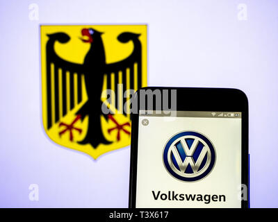 April 12, 2019 - Ukraine - In this photo illustration a Volkswagen  logo seen displayed on a smart phone. (Credit Image: © Igor Goiovniov/SOPA Images via ZUMA Wire) Stock Photo