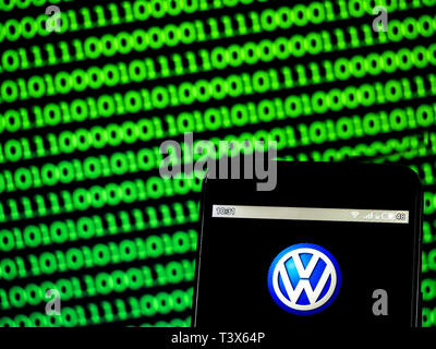 April 12, 2019 - Ukraine - In this photo illustration a Volkswagen  logo seen displayed on a smart phone. (Credit Image: © Igor Goiovniov/SOPA Images via ZUMA Wire) Stock Photo