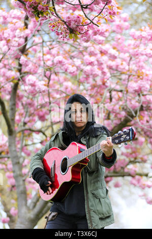 London, UK. 12th Apr 2019.  Elizabeth under a Cherry Blossom tree in  a north London park   Credit: Dinendra Haria/Alamy Live News Stock Photo