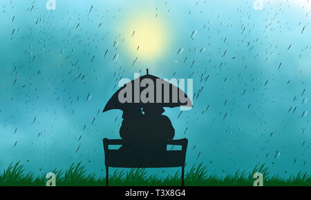 Couple in mid-autumn rainy day sitting at bench love illustration.  Cloudy sky with blurred sun. View of couple back under umbrella sitting at park. Stock Photo