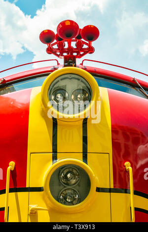 The Santa Fe Super Chief warbonnet vintage  train locomotive at Galveston Railway museum Stock Photo