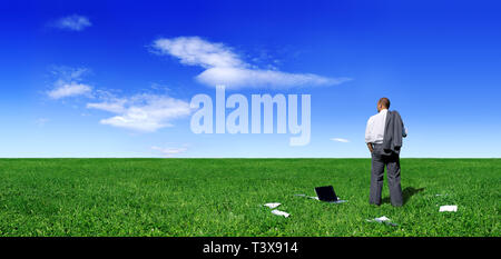 Businessman standing on green field, blue sky and white clouds in background Stock Photo