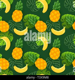 Beautiful seamless vector floral summer pattern with bananas, pineapples and tropical leaves Stock Vector