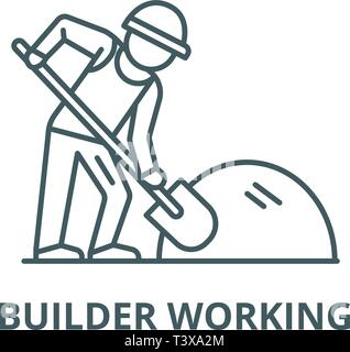 Builder working with shovel line icon, vector. Builder working with shovel outline sign, concept symbol, flat illustration Stock Vector