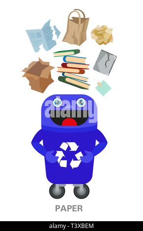 Paper waste black bin. Waste sorting and recycling concept. Color ilustration. Stock Vector