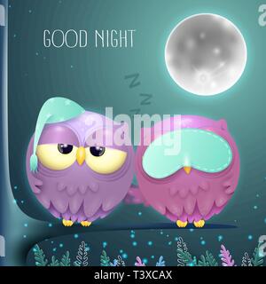 sleepy owls couple on a branch with a full moon night background Stock Vector