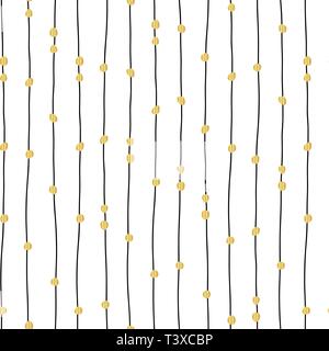 Vertical hand drawn black lines and gold foil dots seamless vector pattern. Stock Vector