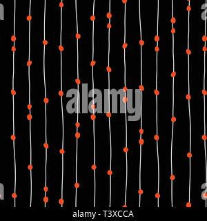 Red dots on vertical hand drawn lines seamless vector pattern. Stock Vector