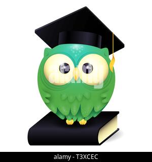 Vector Illustration of a cute lillte Owl wearing graduation cap and sitting on a black book Stock Vector