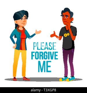 Man And Woman Asking Forgiveness Vector Cartoon Poster Stock Vector