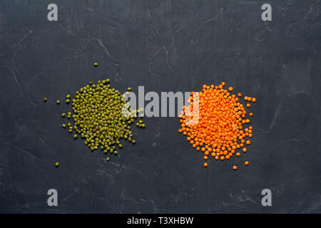lentils on a gray background red lentils in a wooden spoon and bag ...