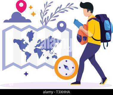 Young people with travel bag and map traveling Stock Vector