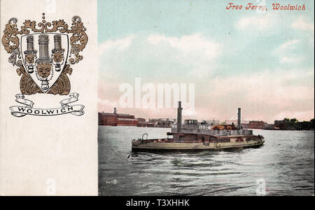 Free Ferry, Woolwich England, River Thames, old postcard. Stock Photo