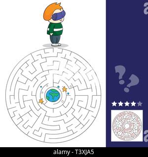 Boy with VR headset in space. Maze games find the path. Vector illustration. VR Space scenes. Stock Vector