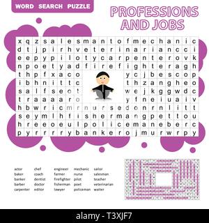 Words puzzle children educational game. Learning vocabulary. Professions and jobs. Stock Vector