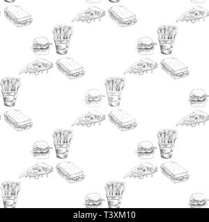 Hand drawn fast food pattern. Burger, pizza, french fries detailed illustrations. Stock Vector