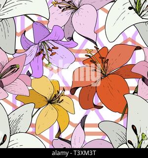 Vector Lily Floral botanical flower. Black and white engraved ink art. Seamless background pattern. Stock Vector
